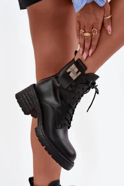 Skórzane Botki Workery Damskie Na Klocku Z Ozdobnym Detalem Artiker 57C0214 Czarne