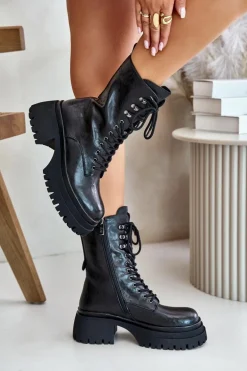 Skórzane Botki Workery Damskie Ocieplane GOE OO2N4121 Czarne