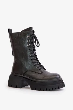 Skórzane Botki Workery Damskie Ocieplane GOE OO2N4121 Czarne