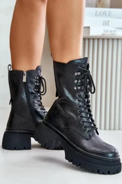 Skórzane Botki Workery Damskie Ocieplane GOE OO2N4121 Czarne