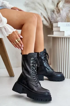 Skórzane Botki Workery Damskie Ocieplane GOE OO2N4121 Czarne