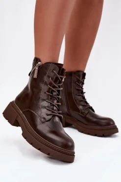 Skórzane Botki Workery Damskie Ocieplane Big Star SS274453 Brązowe