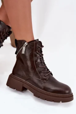 Skórzane Botki Workery Damskie Ocieplane Big Star SS274453 Brązowe