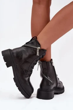 Skórzane Botki Workery Damskie Ocieplane Big Star SS274452 Czarne