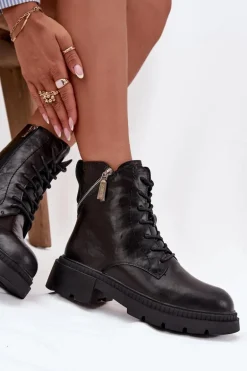 Skórzane Botki Workery Damskie Ocieplane Big Star SS274452 Czarne