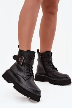 Skórzane Botki Workery Damskie Ocieplane Z Ozdobną Klamrą D&A MK52-032 Czarne