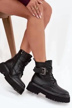 Skórzane Botki Workery Damskie Ocieplane Z Ozdobną Klamrą D&A MK52-032 Czarne