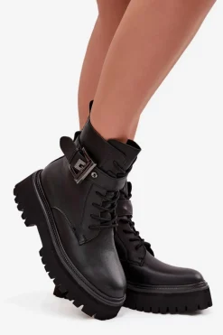 Skórzane Botki Workery Damskie Ocieplane Z Ozdobną Klamrą D&A MK52-032 Czarne