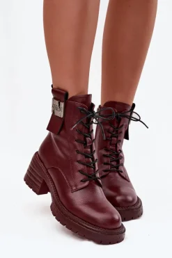 Skórzane Botki Workery Damskie Na Klocku Z Ozdobnym Detalem Artiker 57C0211 Bordowe