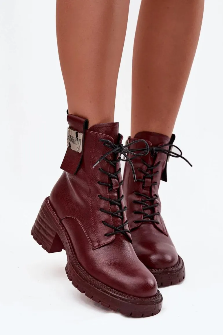 Skórzane Botki Workery Damskie Na Klocku Z Ozdobnym Detalem Artiker 57C0211 Bordowe
