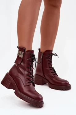 Skórzane Botki Workery Damskie Na Klocku Z Ozdobnym Detalem Artiker 57C0211 Bordowe