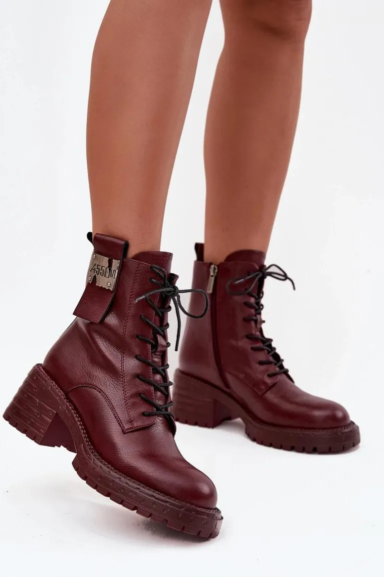 Skórzane Botki Workery Damskie Na Klocku Z Ozdobnym Detalem Artiker 57C0211 Bordowe