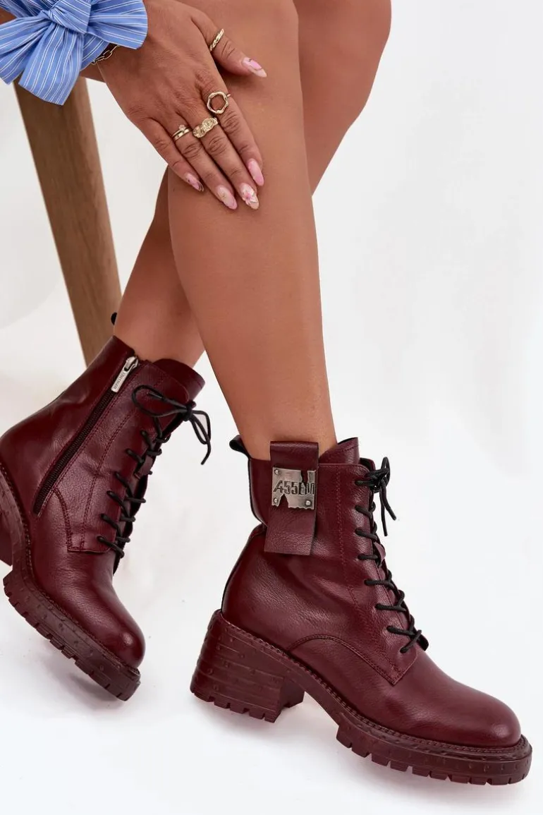 Skórzane Botki Workery Damskie Na Klocku Z Ozdobnym Detalem Artiker 57C0211 Bordowe