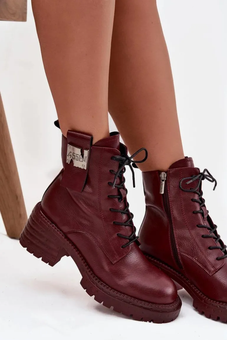 Skórzane Botki Workery Damskie Na Klocku Z Ozdobnym Detalem Artiker 57C0211 Bordowe