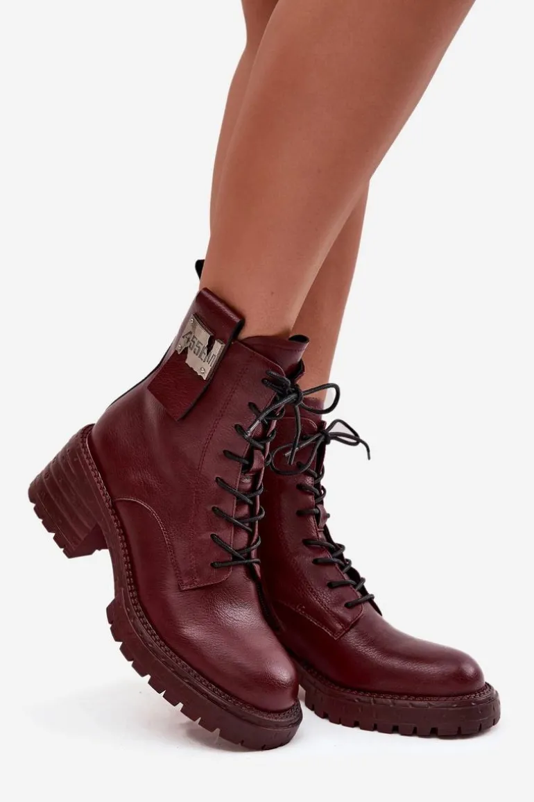 Skórzane Botki Workery Damskie Na Klocku Z Ozdobnym Detalem Artiker 57C0211 Bordowe