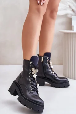 Skórzane Botki Workery Damskie Z Motylem Czarne CheBello 4590