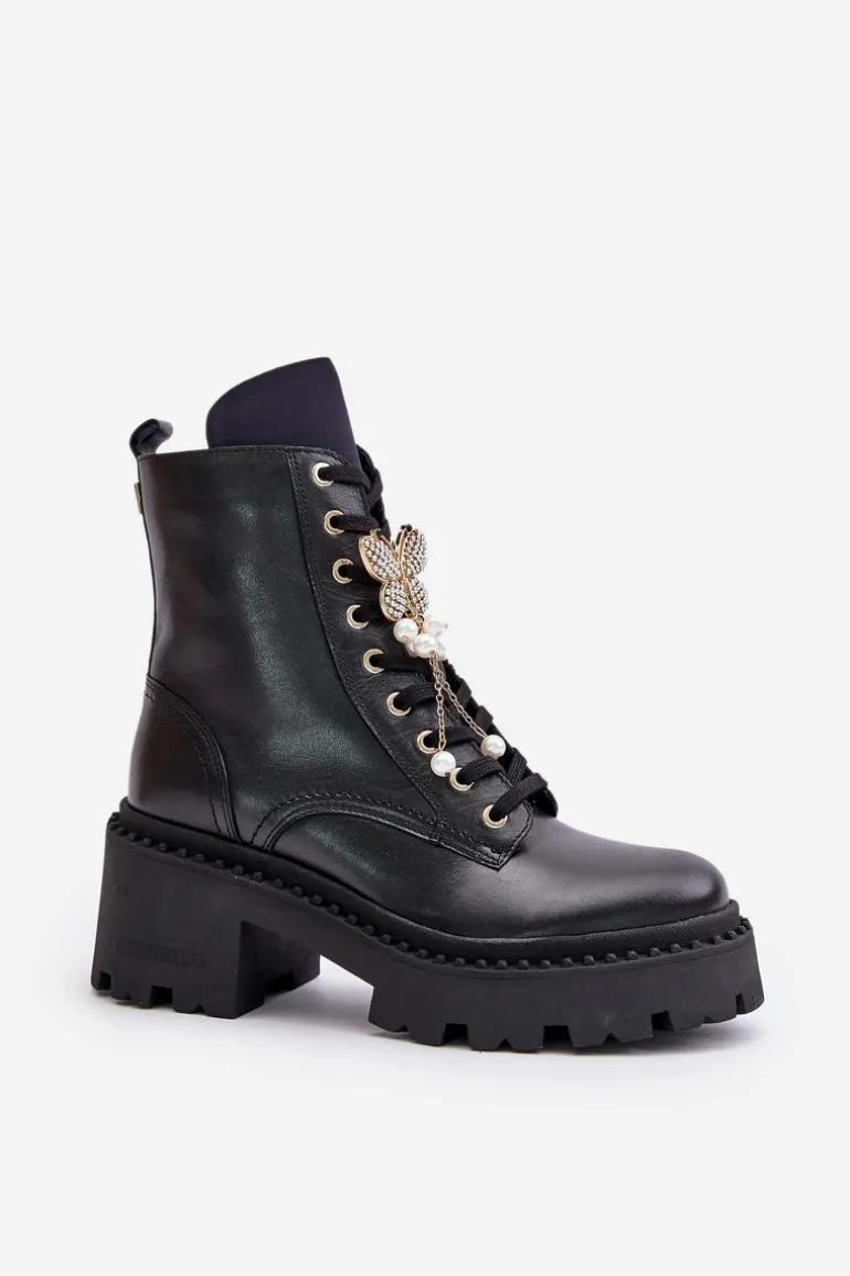 Skórzane Botki Workery Damskie Z Motylem Czarne CheBello 4590