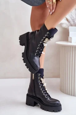 Skórzane Botki Workery Damskie Z Motylem Czarne CheBello 4590