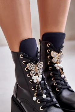 Skórzane Botki Workery Damskie Z Motylem Czarne CheBello 4590