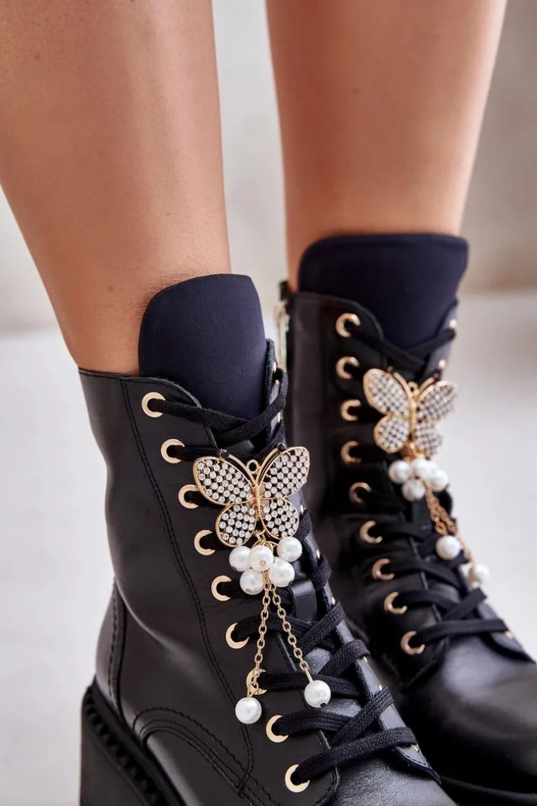 Skórzane Botki Workery Damskie Z Motylem Czarne CheBello 4590