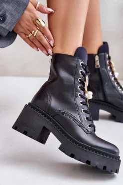 Skórzane Botki Workery Damskie Z Motylem Czarne CheBello 4590