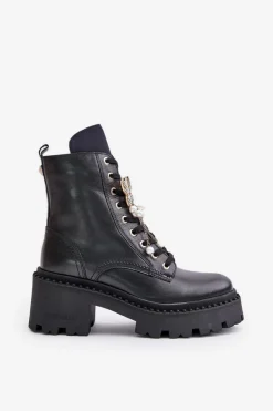 Skórzane Botki Workery Damskie Z Motylem Czarne CheBello 4590