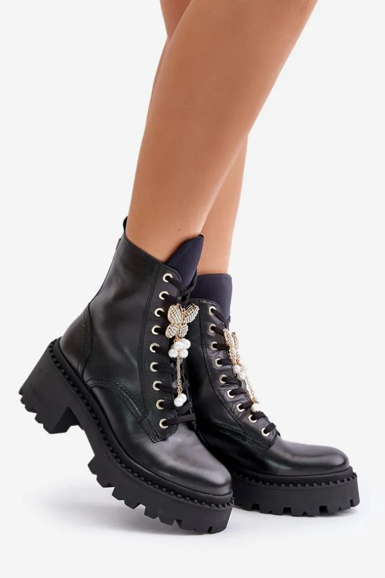 Skórzane Botki Workery Damskie Z Motylem Czarne CheBello 4590