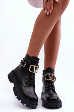 Skórzane Botki Workery Damskie Z Ozdobą Czarne Lalede