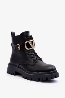 Skórzane Botki Workery Damskie Z Ozdobą Czarne Lalede