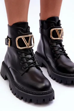 Skórzane Botki Workery Damskie Z Ozdobą Czarne Lalede