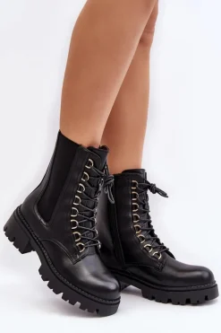 Skórzane Botki Workery Damskie Czarne Charmea