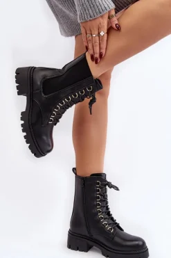 Skórzane Botki Workery Damskie Czarne Charmea