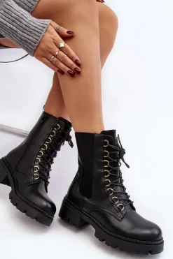 Skórzane Botki Workery Damskie Czarne Charmea