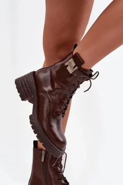 Skórzane Botki Workery Damskie Na Klocku Z Ozdobnym Detalem Artiker 57C0213 Brązowe