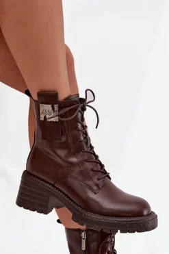 Skórzane Botki Workery Damskie Na Klocku Z Ozdobnym Detalem Artiker 57C0213 Brązowe