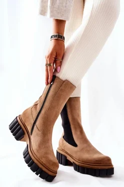 Skórzane Botki Workery Laura Messi Beżowe 2421