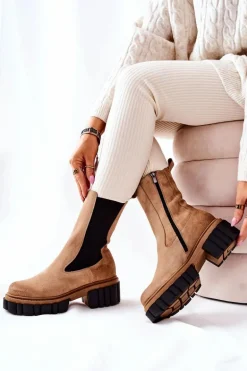 Skórzane Botki Workery Laura Messi Beżowe 2421