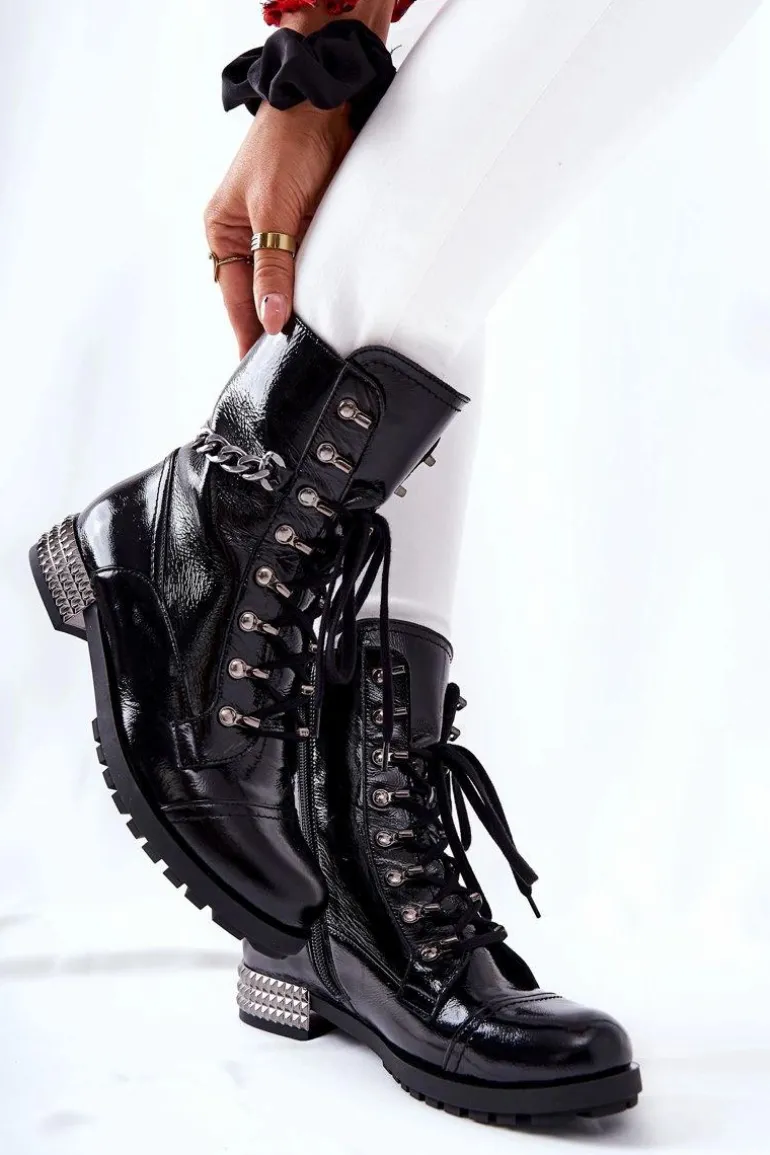 Skórzane Botki Workery Laura Messi Czarne 2209