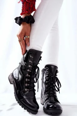 Skórzane Botki Workery Laura Messi Czarne 2209