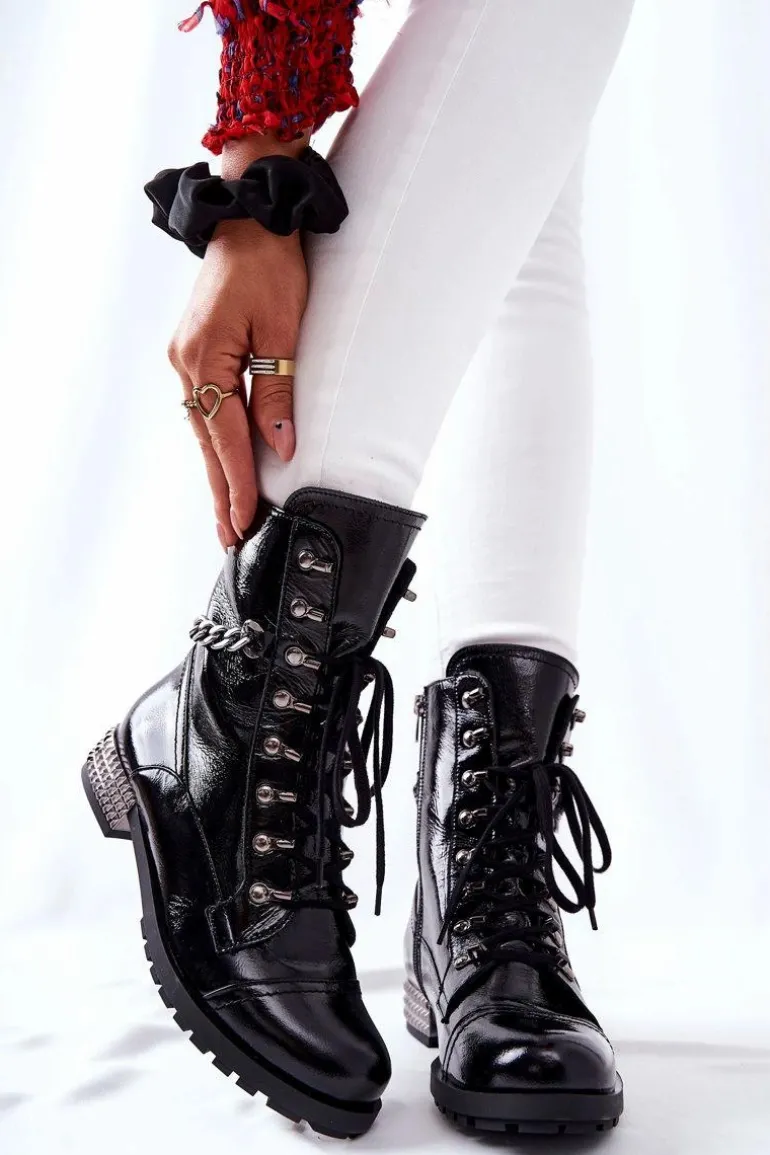 Skórzane Botki Workery Laura Messi Czarne 2209