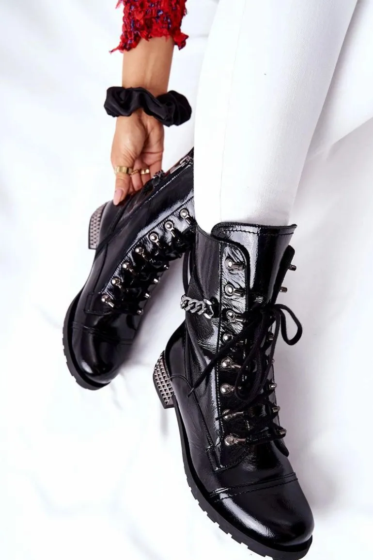 Skórzane Botki Workery Laura Messi Czarne 2209