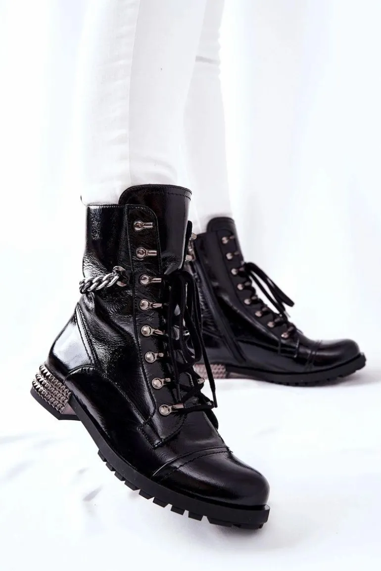 Skórzane Botki Workery Laura Messi Czarne 2209