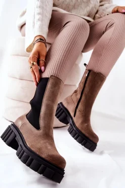 Skórzane Botki Workery Laura Messi Ciemnobeżowe 2421