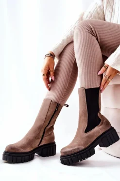 Skórzane Botki Workery Laura Messi Ciemnobeżowe 2421