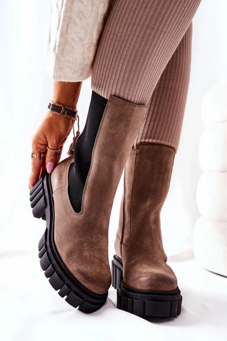 Skórzane Botki Workery Laura Messi Ciemnobeżowe 2421