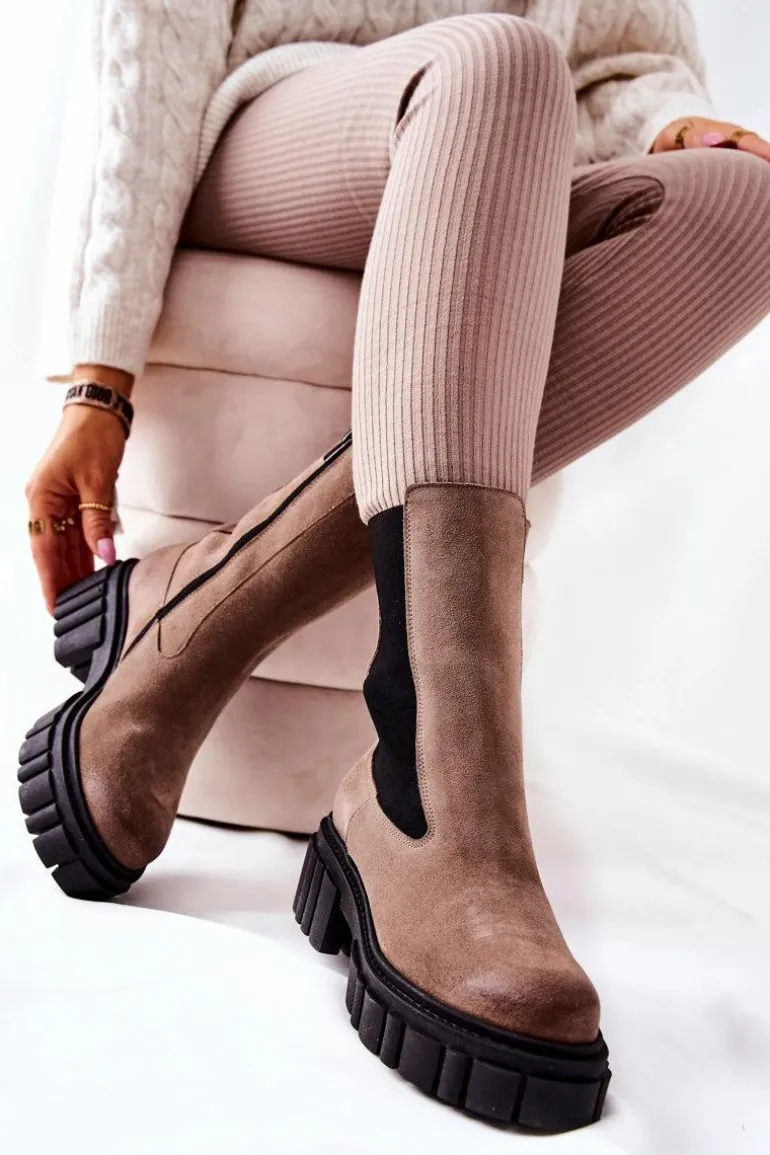 Skórzane Botki Workery Laura Messi Ciemnobeżowe 2421