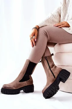 Skórzane Botki Workery Laura Messi Ciemnobeżowe 2421