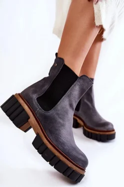 Skórzane Botki Workery Maciejka Szare 05312-03