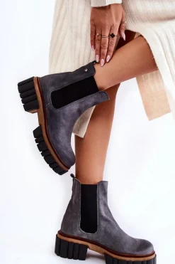 Skórzane Botki Workery Maciejka Szare 05312-03