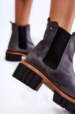 Skórzane Botki Workery Maciejka Szare 05312-03